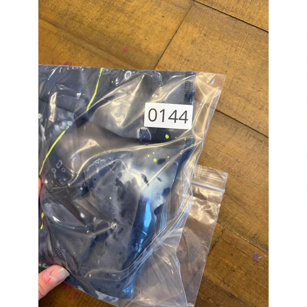 New Balance Womens Navy Neon Yellow Splatter Print Mesh Accent Leggings Small